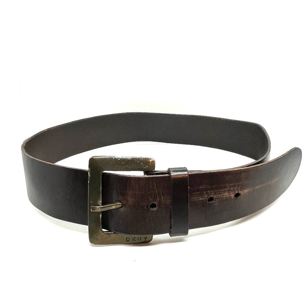 VINTAGE DKNY LEATHER Belt Brown Brass Buckle USA Made Wide Patina Size Small